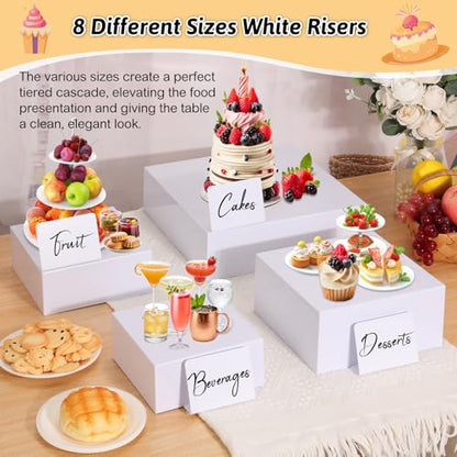 Billbotk 8 Pieces White Buffet Risers with Label Stands, Serving Tong and Markers for Party, Display Stands for Jewelry Display, Home Display, Table décor(12"/11"/ 10.5" /9.5"/ 8.5" /7.5" 6.8"/ 5")