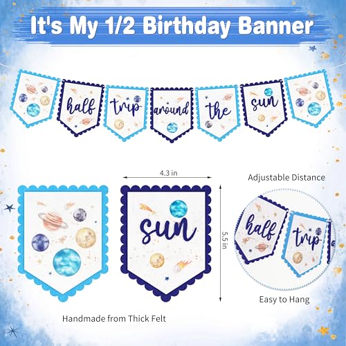 1/2 Birthday Half Trip Around the Sun Half Birthday Decorations - Banner Glitter Cake Topper Tassel Wood Bead High Chair Banner & Crown, Hat Halfway to One Baby Boy Girl Party Supplies - color: Planet Blue