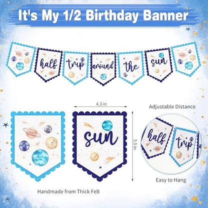 1/2 Birthday Half Trip Around the Sun Half Birthday Decorations - Banner Glitter Cake Topper Tassel Wood Bead High Chair Banner & Crown, Hat Halfway to One Baby Boy Girl Party Supplies - color: Planet Blue