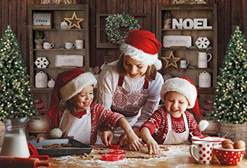 Mocsicka Christmas Kitchen Photography Backdrop Retro Wood Wall Cooking House Family Party Background Pine Tree Decoration Xmas Baby Kids Portrait Photo Studio Photobooth Props (7x5ft)
