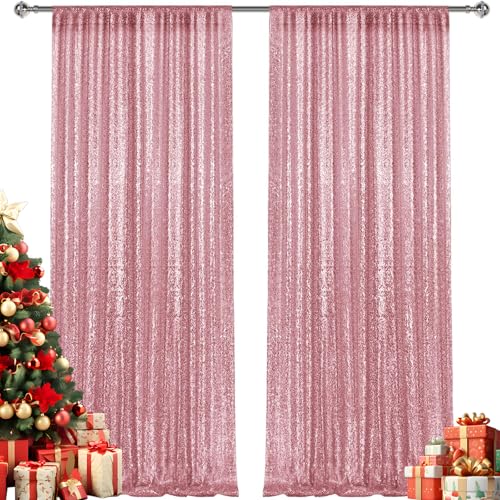 2×8FT-2PCS Light Pink Sequin Backdrop Curtains Panels, Photography Backdrop Glitter Curtains Fabric Background for Christmas Wedding Party Decor - color: Rose Pink, size: 2X8FT-2PCS