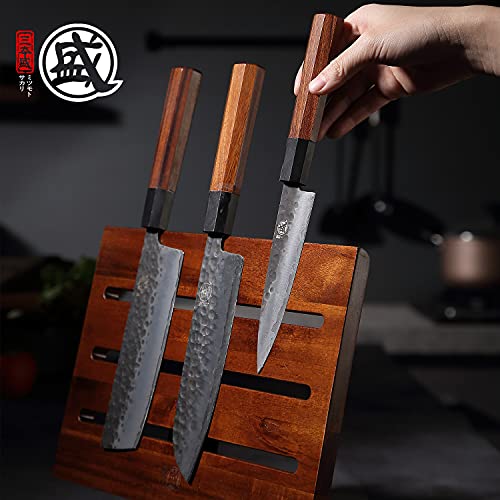 MITSUMOTO SAKARI Japanese Magnetic Knife Holder, 12.5-Inch Acacia Wood Double Sided Knife Block, Heavy Duty Magnet Stand for Chef & Steak Knives