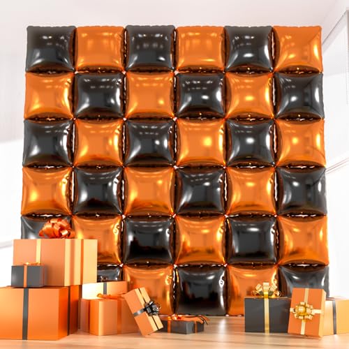 36pcs Black & Orange Square Foil Balloons Kit - Halloween Balloon Backdrop Wall Arch for Thanksgiving, Birthday, Graduation Party Decorations (Includes Straws & Ribbon) - color: Black Orange