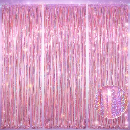 Melsan Pink Foil Fringe Curtain Easter Decorations for Home – 3 Pack 3.2 x 8.2 ft Shiny Tinsel Backdrop for Bachelorette Party, Disco Y2K Decorations, Girls Birthday & Photo Booth Backdrop - color: Pink