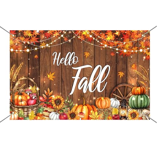 Mocsicka Hello Fall Backdrop Banner Fall Thanksgiving Photography Backdrop Rustic Wooden Door Autumn Pumpkin Harvest Baby Shower Decorations Photo Booth Props 70.8 x 43.3 Inch - size: 70.8 x 43.3 inches