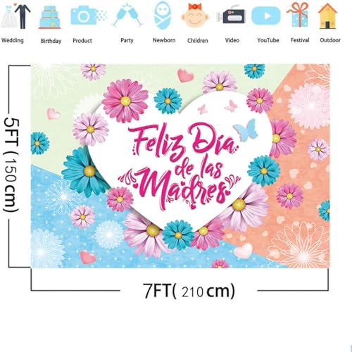 MEHOFOND 7x5ft Feliz Dia De La Madre Backdrop Happy Mother's Day Photography Background Pink Blue Daisy Mothers Day Party Decoration Banner Best Mom Ever Backdrop Photo Booth Props - color: Colourful