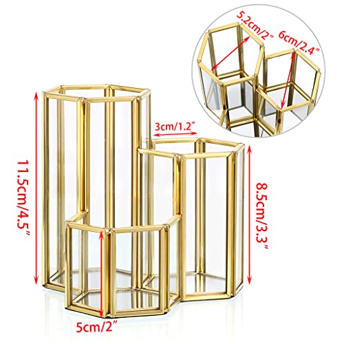 Hipiwe 3 Slots Glass Makeup Brush Holder - Gold Hexagon Cosmetics Brush Eyeliners Display Cup Home Decorative Makeup Organizer Desktop Pen/Pencil Pot Holder for Office - style: 3-Slot Hexagon,Gold