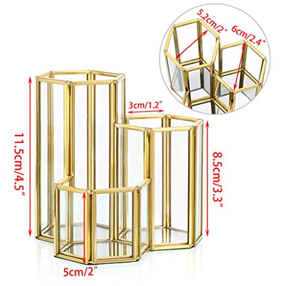Hipiwe 3 Slots Glass Makeup Brush Holder - Gold Hexagon Cosmetics Brush Eyeliners Display Cup Home Decorative Makeup Organizer Desktop Pen/Pencil Pot Holder for Office - style: 3-Slot Hexagon,Gold