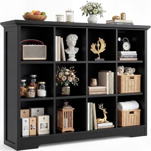 Aheaplus Wooden 12-Cube Storage Organizer with Charging Ports, Modern Cube Bookcase with Base, 4-Tier Floor Standing Open Cubbies Bookshelf, Cubicle Display Shelf for Home and Office, Black - color: Black, size: 12-Cube