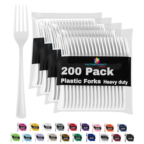 Party Solids White Plastic Forks 200 Pieces White Forks Disposable Utensils Heavy Duty Plastic Cutlery Set Disposable Cutlery Sets Flatware Sets Silverware Set Party Supplies & Party Tableware - color: White