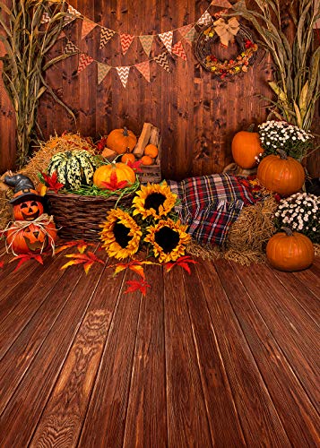 5X7FT Fall Thanksgiving Wooden Floor Barn Autumn Pumpkins Maple Leaves Sunflower Baby Portrait Party Halloween Decoration Vinyl Photography Backdrop Photo Booth Background Studio Prop TP295 - size: 5'x7'