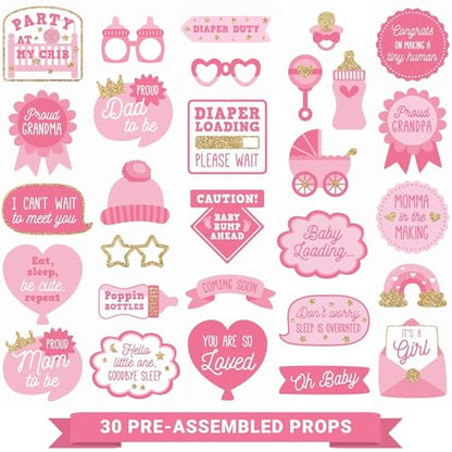 Fully Assembled Baby Shower Photo Booth Props - Set of 30 - Girl Baby Shower Selfie Signs - Pink Party Supplies & Decorations - with Real Gold Glitter - Did We Mention No DIY