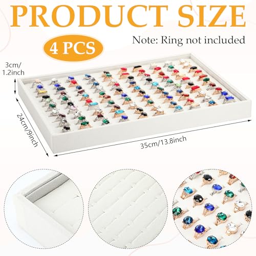 Wenqik 4 Pcs Cardboard Ring Holder with Velvet Lining, 100 Slot Inserts Stackable Ring Display Tray,13.8 x 9.4 x 1.2 inch (Beige) - color: Beige