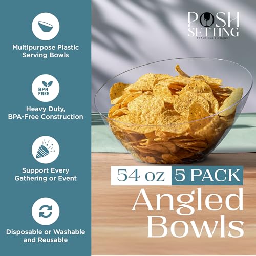 Posh Setting - Clear Plastic Serving Bowls for Party Angled Bowls Disposable Chip Bowls Candy Bowls for Party Table Salad and Fruit Bowls for Wedding Serving Bowls-Clear, 54 OZ, 5 Pack - color: Clear, size: Large 54 OZ