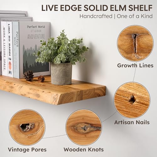Floating Shelves Set of 2, Solid Elm Wood Wall Shelves 36 Inch - Invisible Bracket Mount for Living Room, Bedroom, Kitchen, Bathroom - Natural - color: Clear Natural, size: 36"L, 2-Pack