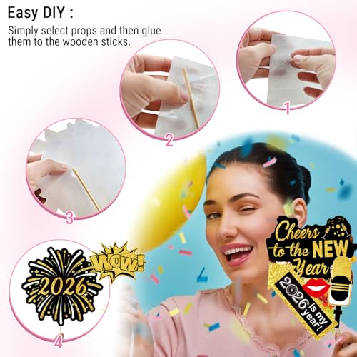 32PCS Funny New Year Photo Booth Props, Inflatable New Year Photo Booth Frame, Happy New Year Selfie Frame for New Year Party Supplies - color: Black New Year