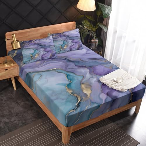 Purple Marble Sheets King Size, Kids Girls Bed Sheet Set, Marble Texture Bedding Sheet Sets 4 Piece, Soft Microfiber Deep Pocket Fitted Sheet & Flat Sheet & 2 Pillowcases - color: Purple, size: King