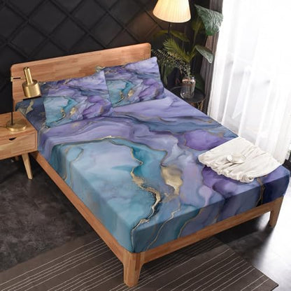 Purple Marble Sheets King Size, Kids Girls Bed Sheet Set, Marble Texture Bedding Sheet Sets 4 Piece, Soft Microfiber Deep Pocket Fitted Sheet & Flat Sheet & 2 Pillowcases - color: Purple, size: King