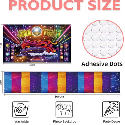 2 Pcs Retro 70's and 80's Neon Glow Photo Background Polyester Fabric Colorful Disco Dancing Prom Party Theme Photography Backdrop Runway Carpet Decoration Studio Props Banner