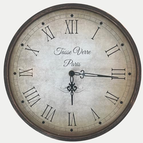 Tasse Verre 12 Inch Vintage Wall Clock - Farmhouse Decor Distressed White Washed Mechanical Quiet Silent - Retro Vintage Hanging Brown Non-Ticking Round - color: Wall Clock