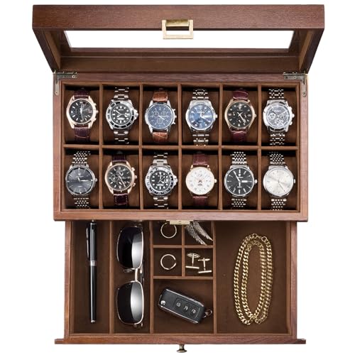 ProCase Wooden Watch Case, 12 Slot Mens Watch Box with Drawer, 2-Layer Mens Jewelry Box Storage Holder Organizer Display Case,Valentine Anniversary Birthday Gifts for Men Women -12 Slot, Brown - color: Brown, size: 12-Slot