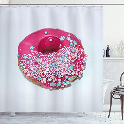 Ambesonne Donut Shower Curtain, Focused View of Pink Doughnut with Colorful Stars Flowers Sprinkle Print, Cloth Fabric Bathroom Decor Set with Hooks, 69" W x 70" L, Dark Magenta Soft Blue - color: Dark Magenta Soft Blue, size: 69" W x 70" L