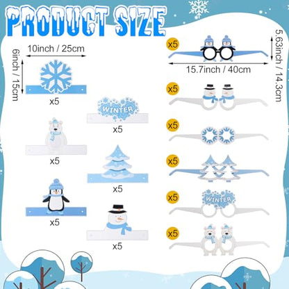 60 Pcs Winter Snowflake Party Favor Supplies Paper Eyeglasses Hat Headbands Winter Snowman Bear Penguin Party Decoration Favor Photo Booth Props for Winter Christmas Holiday Baby Shower Birthday