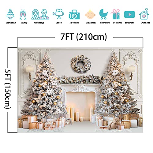 Mocsicka Classic Christmas Interior Room Photography Backdrop White Christmas Fireplace Photo Background Decorated Xmas Tree Family Kids Holiday Party Banner Decorations Photo Booth Props (7x5ft) - size: 7x5ft