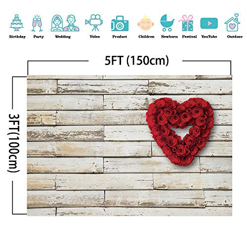Red Rose Floral Wedding Photography Backdrop Valentine's Day Party Backdrops Love Heart Retro Wooden Wall Photo Background Bridal Shower Birthday Party Banner Photo Studio Prop 150 x 100cm Vinyl Cloth