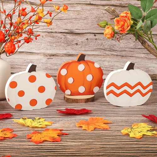 COCHIE Fall Pumpkin Decorations for Home Indoor, Thanksgiving Table Decor, Harvest Tabletop Decoration, Wooden Pumpkins Signs Block for Tiered Tray Party Shelf Display Set of 3 - style: Pumpkin