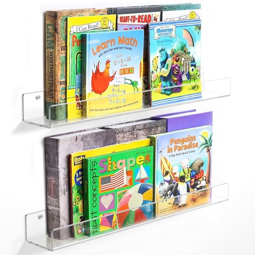 NIUBEE 24-Inch Acrylic Kids Floating Bookshelves, 2-Pack, Wall Mounted Clear Shelves for Kids' Growing Book Collections in Nurseries/Bedroom/Playrooms - size: 24''(2packs)