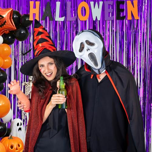 Purple Backdrop Party Decorations 3.3x8.2ft, 2 Pack Foil Fringe Curtains Door Streamers for Easter Decor, Purple Tinsel Backdrop for Demon Hunters Birthday Graduation Baby Shower Halloween Christmas - color: Purple