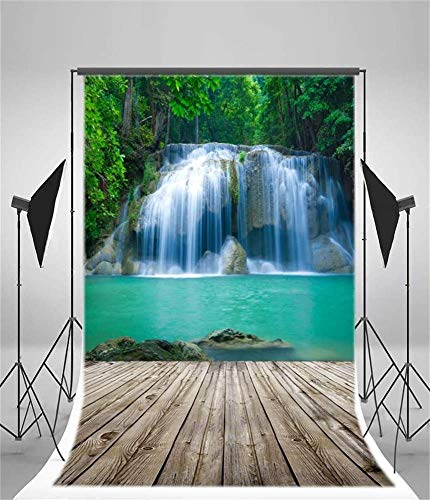 AOFOTO 6x8ft Waterfall Photography Backdrop Nature Landscape Falls Cascades Jungle Mountain Forest River Stream Lake Wooden Board Floor Background Adult Girl Boy Travel Portrait Photo Studio Props - size: 6x8ft