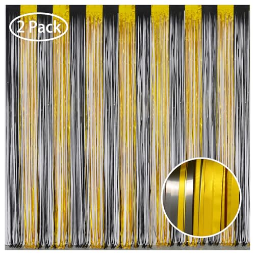 Melsan Black and Gold Fringe Curtain Photo Streamers Backdrop 3.2ft X 8ft for New Years EVE, Graduation, Retirement and Birthday Party Decorations - Pack of 2 - color: Black + Gold, size: 3.2 x 8 ft