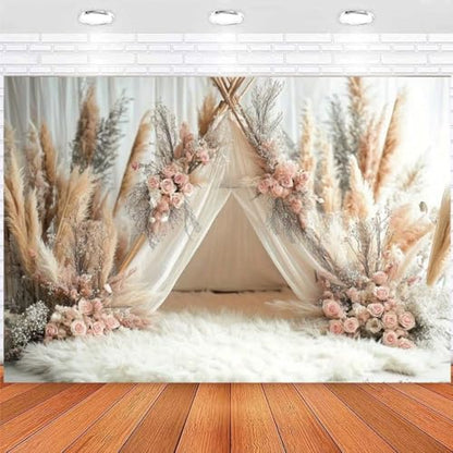 Boho Flowers Tent Photography Backdrops Pink Bohemian Style Girl Birthday Party Decorations 1st Birthday Party Baby Shower Cake Smash Backdrop Photo Studio Photography Props (5x3ft) - size: 5x3ft