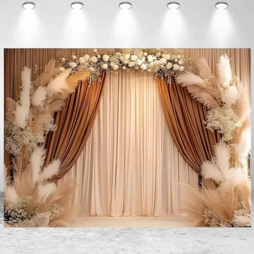 Bohemian Backdrop Beige Curtains Background Pampas Grass Floral Interior Decoration Girl Birthday Party Wedding Pregnant Portrait Photo Newborn Baby Photo Studio Props (6X4FT) - size: 6X4FT