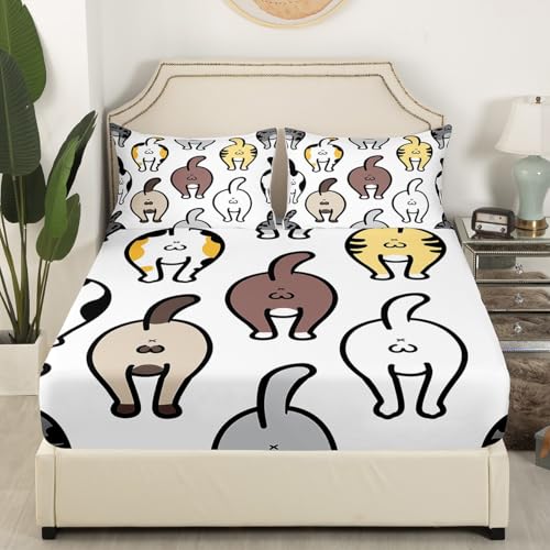 Manfei Lovely Cat Fitted Sheet Cute Kitten Butt of Cat Doodle Bedding Set 2pcs for Kids Boys Animal Theme Sheet Set Soft Polyester Bed Sheets (1 Fitted Sheet + 1 Pillow Case) Twin Size - color: Multi 993, size: Twin (39*75*16")