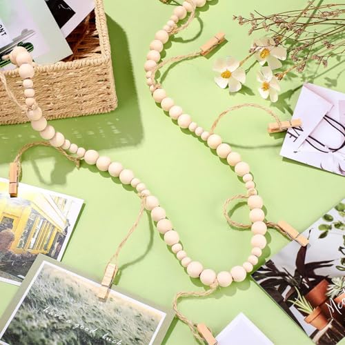 Jetec 2 Pieces Photo String with Clips, 4 Ft Boho Wooden Bead Garland Photo Display Frame for Dorm Room Bedroom Classroom Cubicle Decor, Hanging Picture Holder, Teacher Nurse Appreciation Gifts