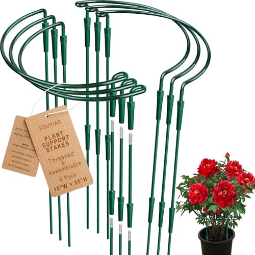6 Pack Threaded Lock Metal Plant Support Stakes - 25" H Tall Peony Cage, Reusable Detachable Garden Ring for Hydrangea/Rose Bush/Potted Flowers, Indoor Outdoor Heavy Duty (10" W) - color: 10"W x 25"H