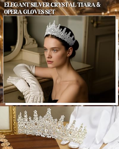 Princess Tiara Crown with Satin Gloves Set Crystal Headpiece for Graduation Prom and Party Photo Props - color: Silver, style: D
