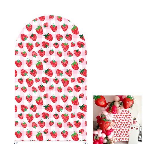 Pink Strawberry Stretchy Arch Cover Backdrop Photo Booth Background Birthday Baby Shower Baptism Party Decoration Curved Top Frame Spandex (GX-2667,7.2x4ft) - color: GX-2667, size: 7.2x4ft
