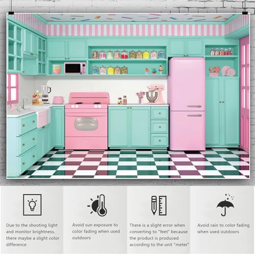 YongFoto Pink Green Retro Kitchen Backdrop 10x7ft Cooking Baking House Photography Background Cake Smash Sweet Baby Girl Birthday Party Banner Kids Portraits Photoshoot Wallpaper Booth Props - size: 10ftx7ft