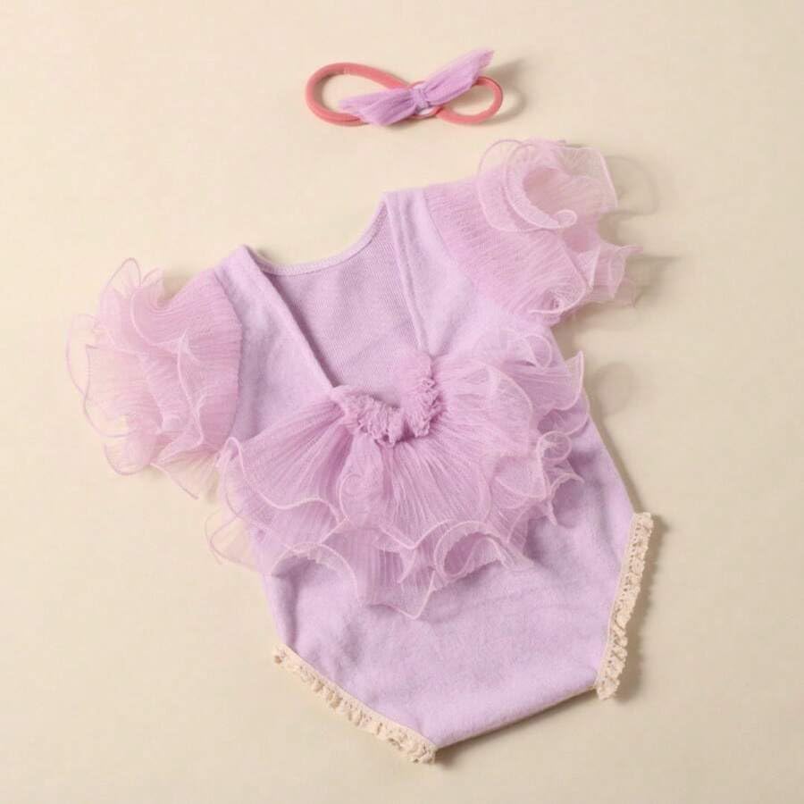 Newborn Photography Outfits Girl, Baby Girl Photo Props, Newborn Photoshoot Ruffles Outfits with Headband - color: Purple