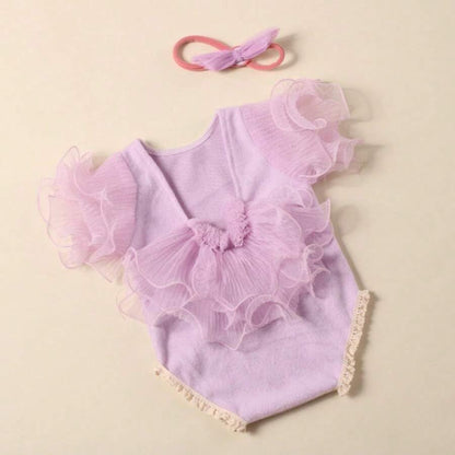 Newborn Photography Outfits Girl, Baby Girl Photo Props, Newborn Photoshoot Ruffles Outfits with Headband - color: Purple