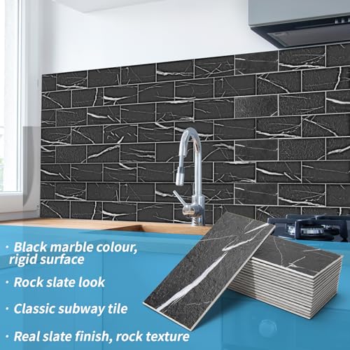 Art3d 102-Piece Faux Stone Peel and Stick Backsplash Tile, Waterproof Thick PVC Stick On Subway Wall Tile for Kitchen Bathroom Laundry Room Fireplace - 3" x 6" Black Marble - color: Black Marble