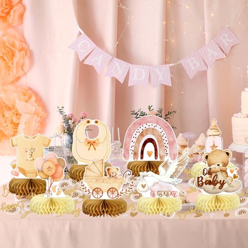 8Pcs Bear Baby Shower Decorations Honeycomb Centerpieces for Girl, Confetti Baby Shower Table Decorations Birthday Party Table Centerpieces Toppers Party Decor (Pink) - color: Pink-baby Shower