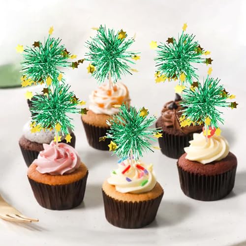 30 PCS Foil Firework Cupcake Toppers Happy Birthday Star Cupcake Picks Sparkle Tinsel Drink Stirrers Cocktail Fruit Toothpicks for Valentine's Day Wedding Birthday Party Decorations Supplies Green - color: B-green