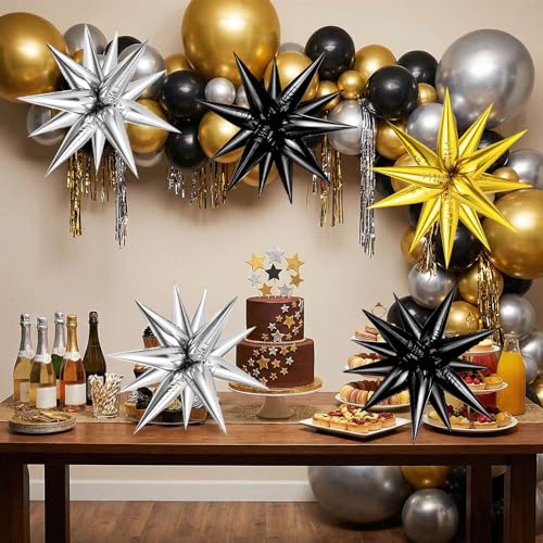 72PCS Gold Silver Black Star Balloons, Big 26 Inch Star Foil Metallic Mylar Balloons, Spike Balloon Fireworks for Graduation New Year Retirement Party Birthday Photo Props - color: Gold, Silver, Black, 26 Inch
