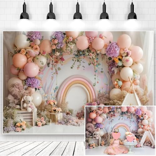 Newborn Baby 1st Birthday Photography Backdrop - Balloons Tent Flower Decor Background for Kids Birthday Party Baby Shower Portrait Cake Smash Props (5x3ft) - size: 5x3ft