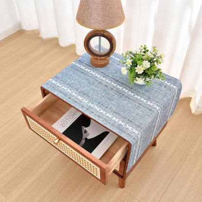 NEWISHER Rustic Farmhouse Embroidered Small Rectangle Tablecloth, Jacquard Striped Table Cloth Washable Fabric Dining Table Cover for Nightstand, Bedside Table, End Table (15x35 Inch), Blue and Grey - color: Blue and Grey, size: 35" x 15" (Rectangular)